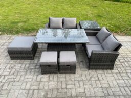 Fimous 7 Seater Wicker Rattan Garden Furniture Rising Table Set with Side Table 3 Footstool Double Seat Sofa Side Table Dark Grey Mixed - thumbnail 2