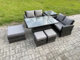 Fimous 7 Seater Wicker Rattan Garden Furniture Rising Table Set with Side Table 3 Footstool Double Seat Sofa Side Table Dark Grey Mixed - thumbnail 1