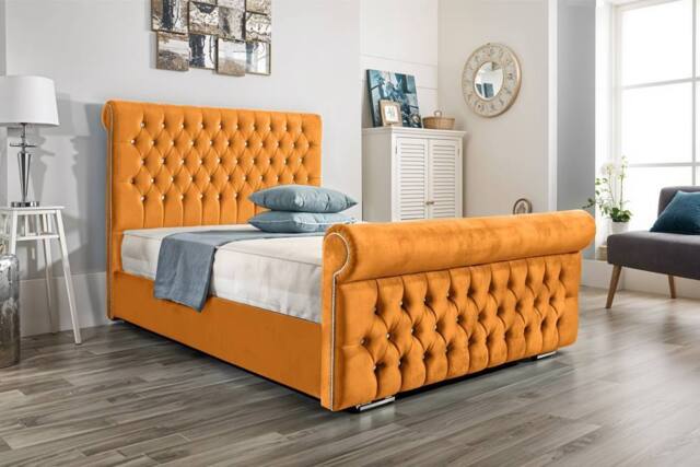 UK Bed Furniture Faye Slatted Base Upholstered Bed with 48 Inch Headboard in Mustard - Size: King - image 1