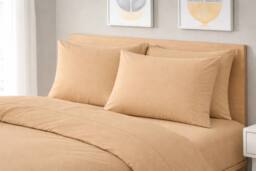 Homes-Linen Plain Dyed Polycotton Duvet Cover Set with Pillowcases in Beige - Size: Super King - thumbnail 2
