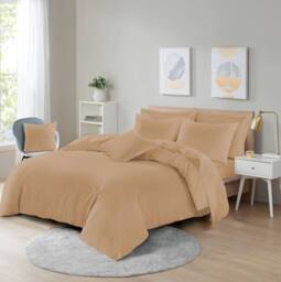 Homes-Linen Plain Dyed Polycotton Duvet Cover Set with Pillowcases in Beige - Size: Super King