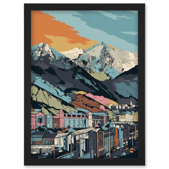 Artery8 Cityscape Under Rocky Mountain Range Modern Artwork Framed Wall Art Print A4 in Black - image 1