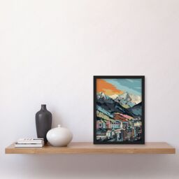 Artery8 Cityscape Under Rocky Mountain Range Modern Artwork Framed Wall Art Print A4 in Black - thumbnail 2