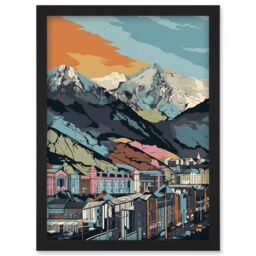 Artery8 Cityscape Under Rocky Mountain Range Modern Artwork Framed Wall Art Print A4 in Black - thumbnail 1