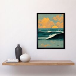 "Artery8 Wall Art Print Surfers Surfing Chasing Waves at Sunset Teal Mustard Abstract Oil Paint Art Framed in Black - Size: W12"" x H16""" - thumbnail 2