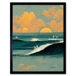 "Artery8 Wall Art Print Surfers Surfing Chasing Waves at Sunset Teal Mustard Abstract Oil Paint Art Framed in Black - Size: W12"" x H16""" - thumbnail 1