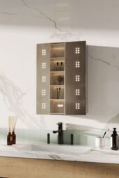 Living and Home Vertical Strip LED Anti-Fog Bathroom Mirror Cabinet with Sensor Switch and Clock in Silver - thumbnail 1