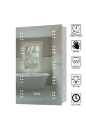 Living and Home Vertical Strip LED Anti-Fog Bathroom Mirror Cabinet with Sensor Switch and Clock in Silver - thumbnail 5