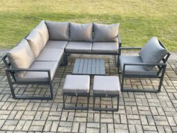 Fimous Outdoor Garden Furniture Set Aluminium Lounge Sofa Square Coffee Table Sets with Chair 2 Small Footstools Indoor Conservatory Set in Dark Grey - thumbnail 2