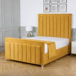 Living Comfort Bedz Elara Plush Velvet Upholstered Bed Slatted Base with 48Inch Headboard in Mustard - Size: Double - thumbnail 1
