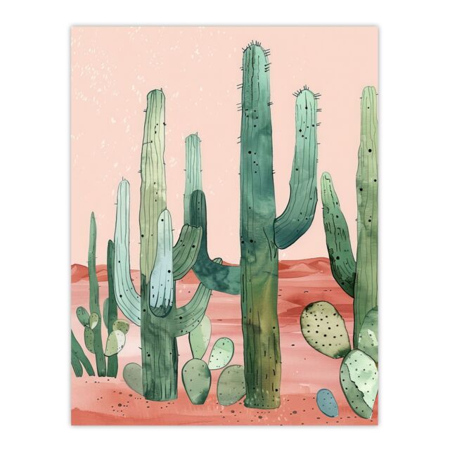 "Artery8 Saguaro Cactus Pink Mexican Desert Landscape Wall Art Print - Size: W18"" x H24""" - image 1