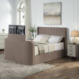 Aspire Kensington Wingback Chenille TV Bed with Ottoman Storage in Taupe - Size: King