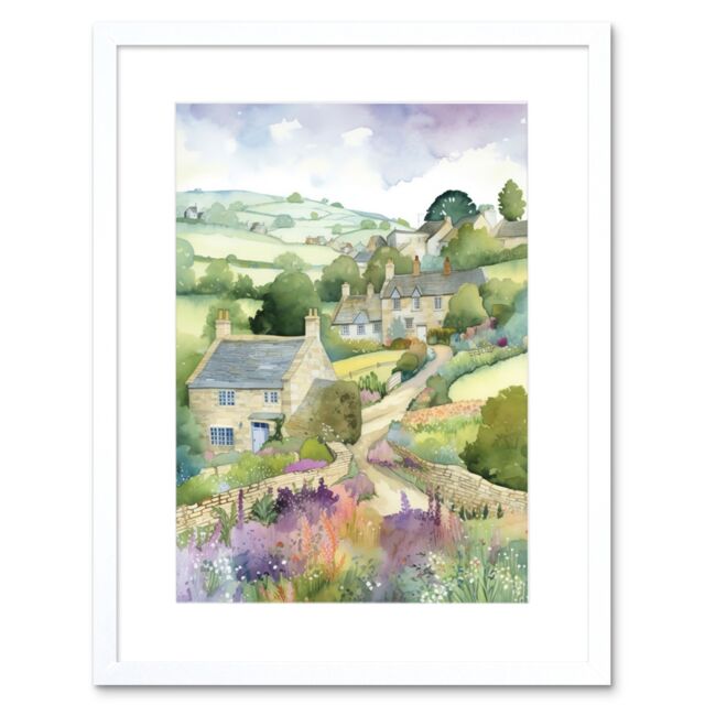 "Artery8 Wall Art Print Countryside Spring Landscape with Cottages Modern Watercolour Painting Artwork Framed 9X7 Inch in White - Size: W7"" x H9""" - image 1