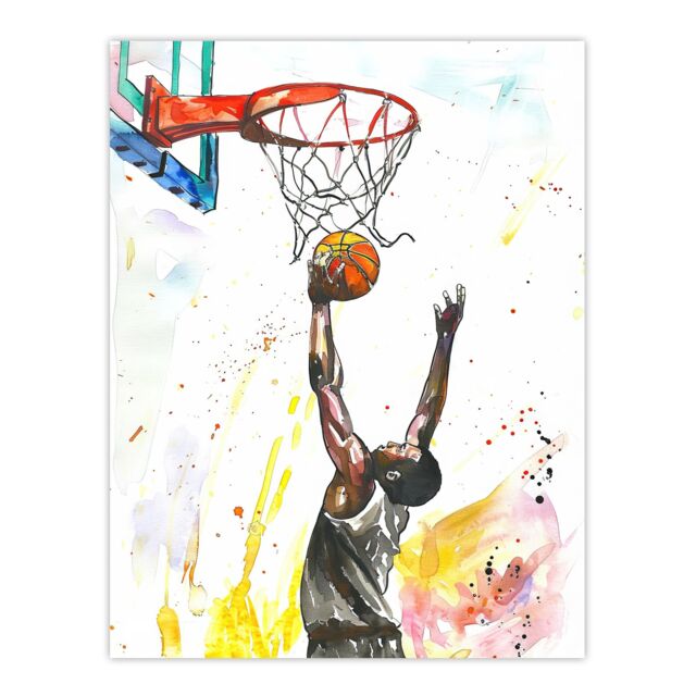 "Artery8 Basketball Player Jump Hoop Sport Watercolour Wall Art Print - Size: W24"" x H32""" - image 1