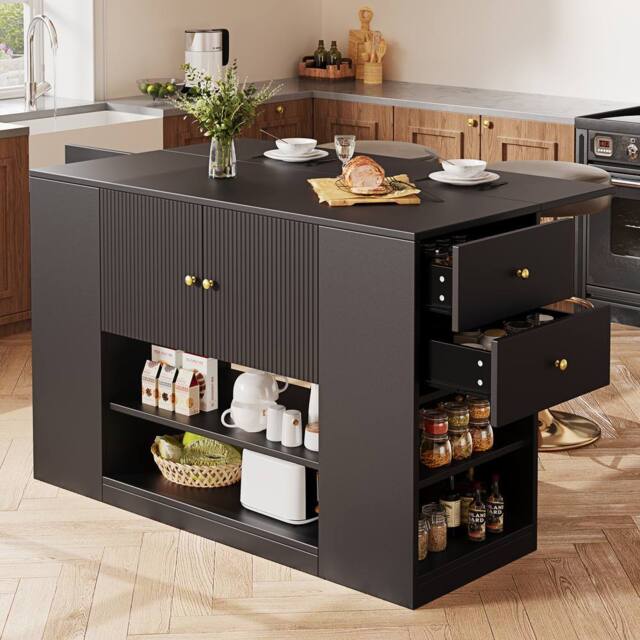 Rolipo Modern Black Kitchen Island with Fold-Down Tabletop & Storage - image 1