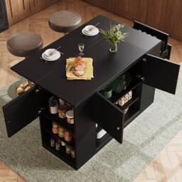 Rolipo Modern Black Kitchen Island with Fold-Down Tabletop & Storage - thumbnail 7