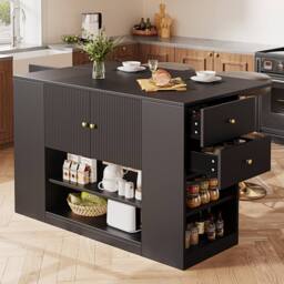 Rolipo Modern Black Kitchen Island with Fold-Down Tabletop & Storage