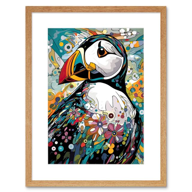 "Artery8 Wall Art Print Puffin Bird Acrylic Painting Floral Psychedelic Aquatic Bird Colourful Flowers Artwork Framed 9X7 Inch - Size: W7"" x H9""" - image 1