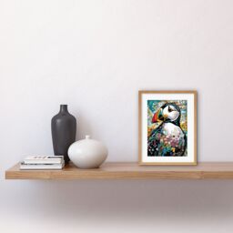 "Artery8 Wall Art Print Puffin Bird Acrylic Painting Floral Psychedelic Aquatic Bird Colourful Flowers Artwork Framed 9X7 Inch - Size: W7"" x H9""" - thumbnail 2