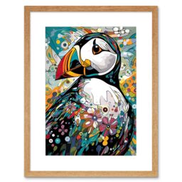 "Artery8 Wall Art Print Puffin Bird Acrylic Painting Floral Psychedelic Aquatic Bird Colourful Flowers Artwork Framed 9X7 Inch - Size: W7"" x H9""" - thumbnail 1