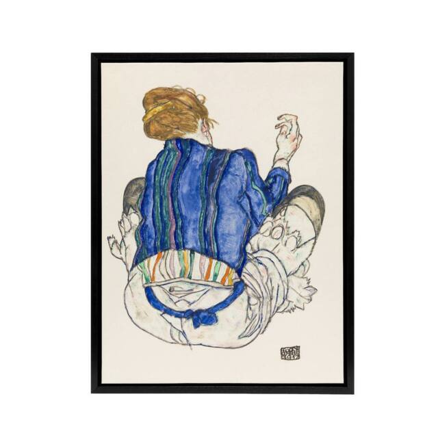"Artery8 Seated Woman Back View Painting Framed Canvas Wall Art Print Schiele in Blue - Size: W24"" x H32""" - image 1