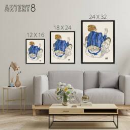 "Artery8 Seated Woman Back View Painting Framed Canvas Wall Art Print Schiele in Blue - Size: W24"" x H32""" - thumbnail 4