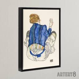 "Artery8 Seated Woman Back View Painting Framed Canvas Wall Art Print Schiele in Blue - Size: W24"" x H32""" - thumbnail 2