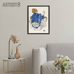 "Artery8 Seated Woman Back View Painting Framed Canvas Wall Art Print Schiele in Blue - Size: W24"" x H32""" - thumbnail 3