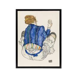 "Artery8 Seated Woman Back View Painting Framed Canvas Wall Art Print Schiele in Blue - Size: W24"" x H32""" - thumbnail 1