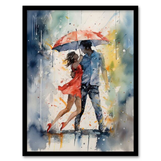 Artery8 Wall Art Print Dancing In The Rain Watercolour Romance Red Blue Painting Rhythm Body Energy Theatre Arts Artwork Art Framed - Size: A4 - image 1
