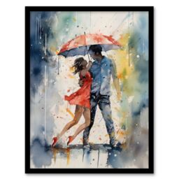 Artery8 Wall Art Print Dancing In The Rain Watercolour Romance Red Blue Painting Rhythm Body Energy Theatre Arts Artwork Art Framed - Size: A4 - thumbnail 1