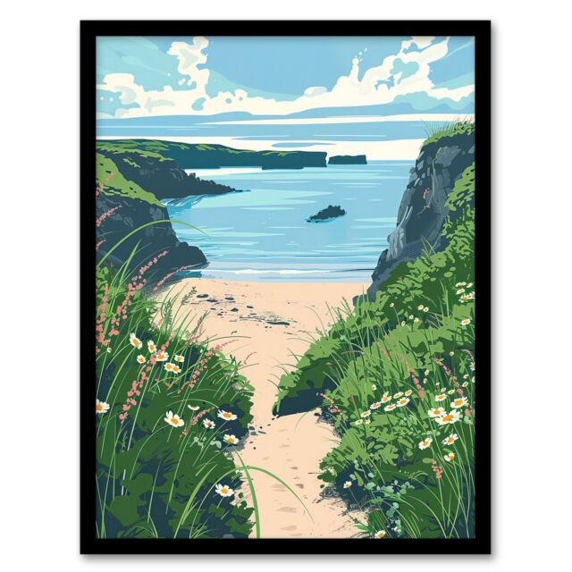 "Artery8 Barafundle Bay Seaside Spring Flowers Wales Beach Framed Art Print in Blue - Size: W12"" x H16""" - image 1