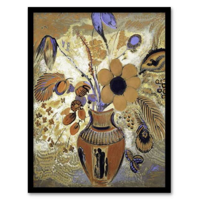 Artery8 Etruscan Vase with Flowers Redon Vintage Framed Wall Art Print in Brown - Size: A4 - image 1