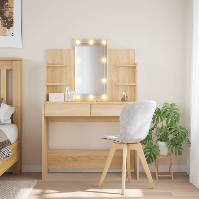 Berkfield Home Dressing Table with LED Lights Sonoma Oak 96x40x142 cm in Brown - Size: 96 x 40 x 142 cm - image 1