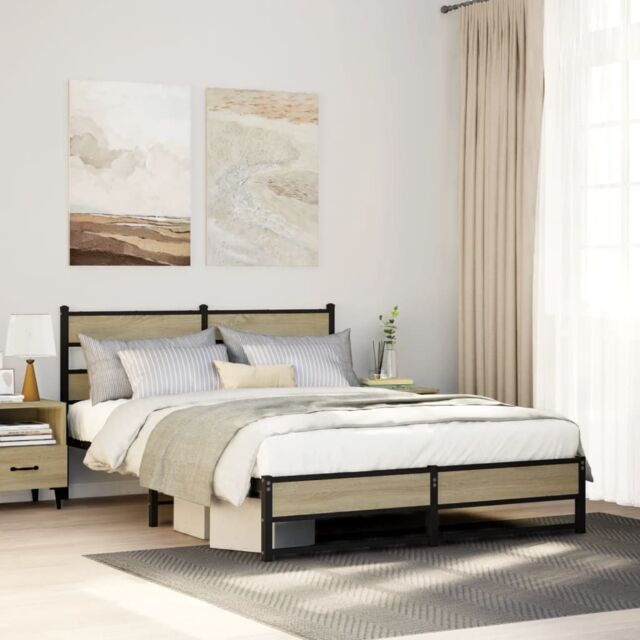 Berkfield Home Metal Bed Frame without Mattress Sonoma Oak 140x190 cm in Brown - image 1