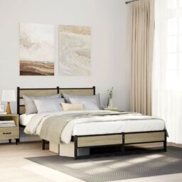 Berkfield Home Metal Bed Frame without Mattress Sonoma Oak 140x190 cm in Brown - thumbnail 1
