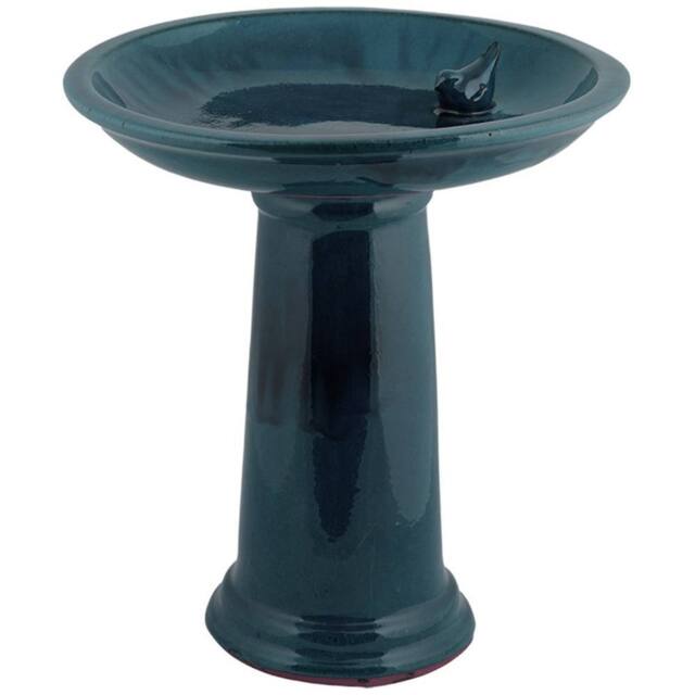 Primrose Glazed Ceramic Pedestal Outdoor Garden Bird Bath in Blue - image 1