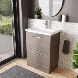 Balterley Contemporary Bathroom Floor Standing 2-Drawer Vanity Unit & Mid-Edge Ceramic Basin, Solace Oak, 600 mm in Brown - thumbnail 4