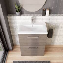 Balterley Contemporary Bathroom Floor Standing 2-Drawer Vanity Unit & Mid-Edge Ceramic Basin, Solace Oak, 600 mm in Brown - thumbnail 3