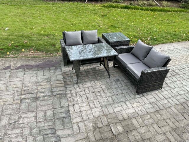 Fimous Garden Furniture Sets 4 Pieces Wicker Rattan Furniture Manual Wicker Patio Sofa Patio Conversation Set with Side Table in Dark Grey - image 1
