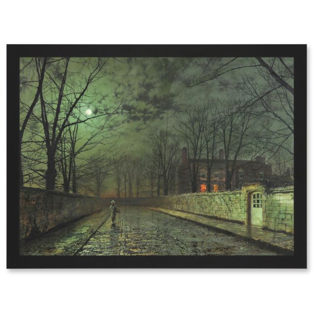 Artery8 John Atkinson Grimshaw Moonlit Street Old Master Painting Artwork Framed Wall Art Print A4 in Black - image 1