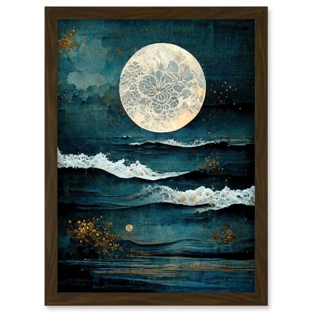 Artery8 Large Full Moon Seascape Golden Algae Wave Foam Artwork Framed Wall Art Print A4 in Brown - image 1