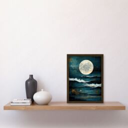 Artery8 Large Full Moon Seascape Golden Algae Wave Foam Artwork Framed Wall Art Print A4 in Brown - thumbnail 2