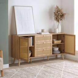 Birlea Croxley 2 Door 3 Drawer Sideboard Oak Rattan Storage Cabinet in Light Oak - thumbnail 2