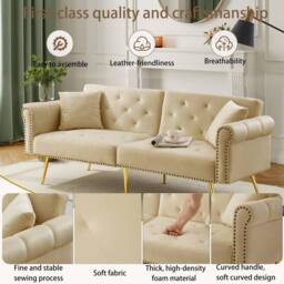 BTM Modern Velvet 2-Seater Sofa Bed with 3-Stage Backrest & Gold Feet in Beige - Size: A - thumbnail 6