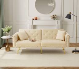 BTM Modern Velvet 2-Seater Sofa Bed with 3-Stage Backrest & Gold Feet in Beige - Size: A - thumbnail 7
