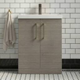 Balterley Contemporary Bathroom Floor 2-Door Vanity Basin, Solace Oak, 600mm in Brown - thumbnail 5