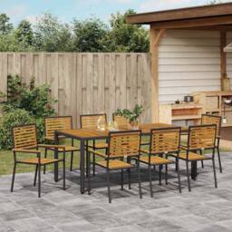 Berkfield Home 9 Piece Garden Dining Set Black Poly Rattan Acacia - thumbnail 4
