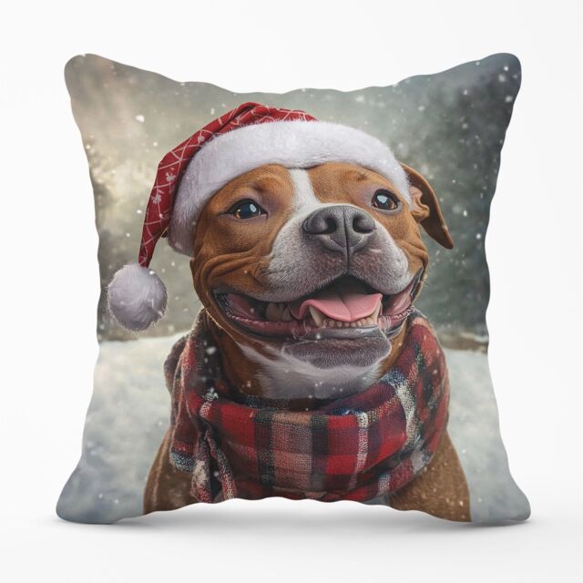 Warren Reed - Designer Snowy Christmas Staffordshire Bull Terrier Cushion in Brown - Size: 60 cm x 60 cm - image 1
