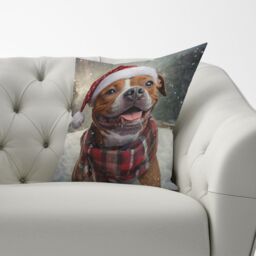 Warren Reed - Designer Snowy Christmas Staffordshire Bull Terrier Cushion in Brown - Size: 60 cm x 60 cm - thumbnail 3